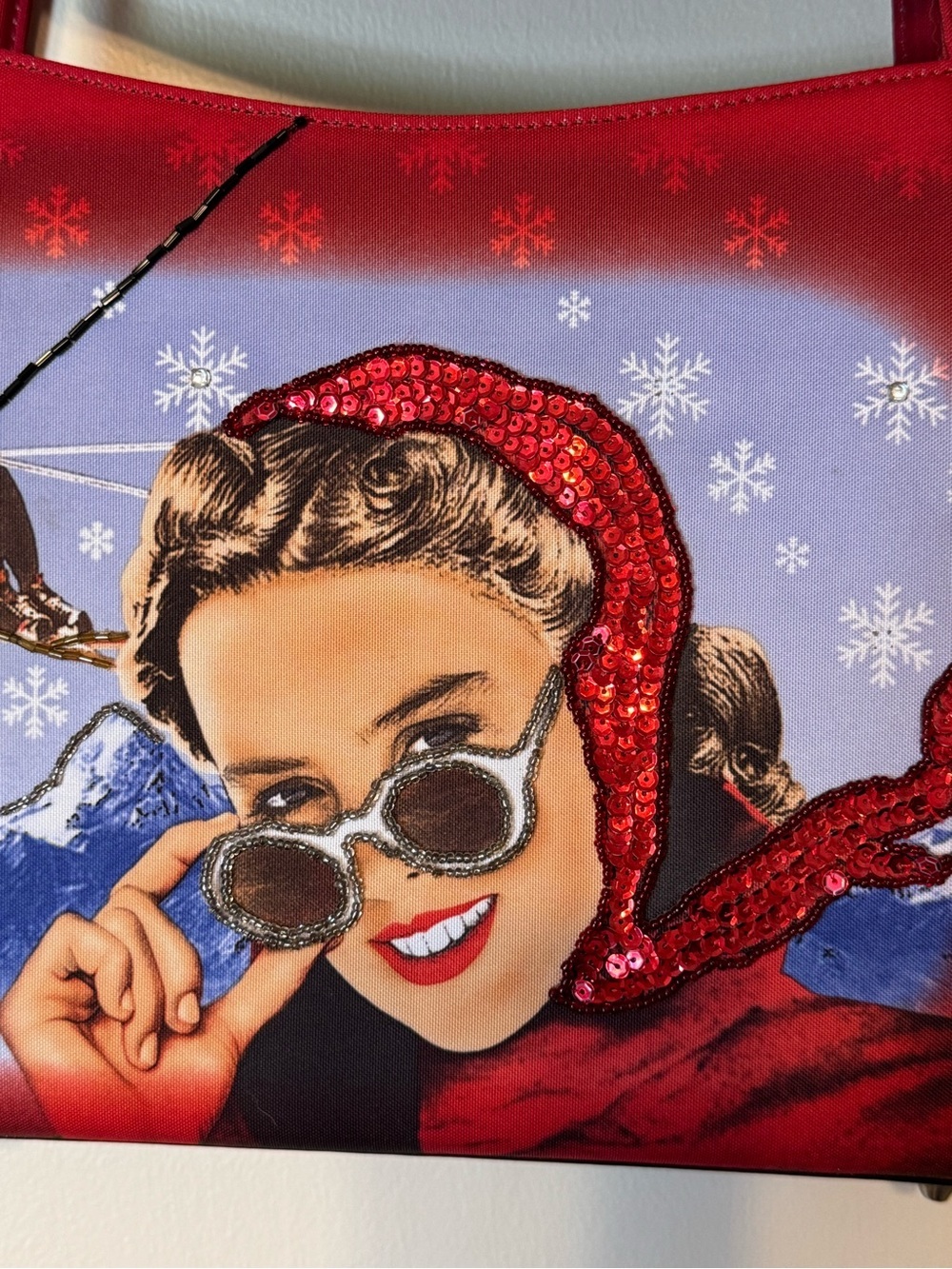 Whimsical Sequin Red Shoulder Winter Graphic Bag Retro Pop Art Pinup Culture - Picture 3 of 13